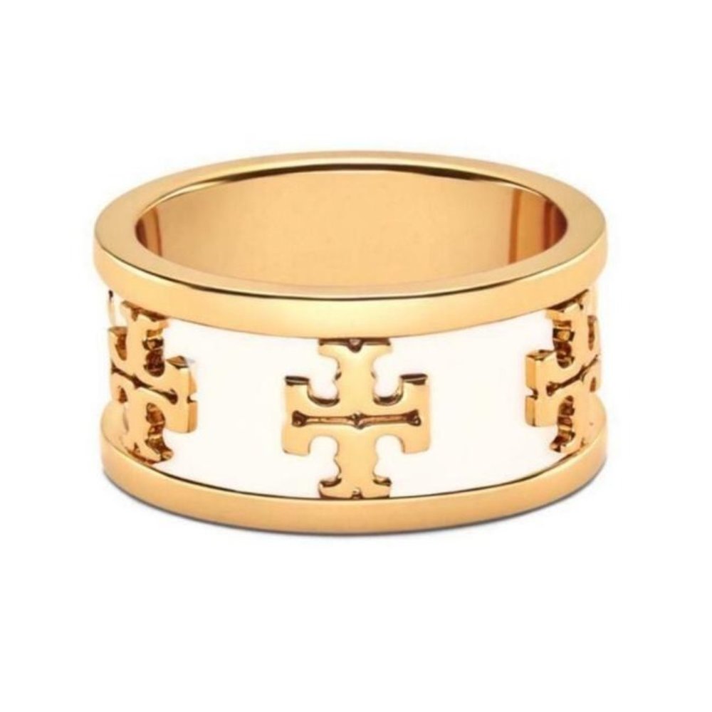 Tory Burch White Enamel Raised Logo Ring Size 7
